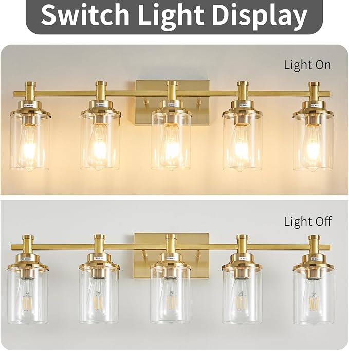 5-Light Modern Vanity Lights Over Mirror, Brushed Brass Bathroom Sconce with Clear Glass Shade