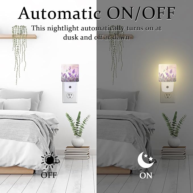 Purple Lavander Flowers Butterfly Night Light Plug into Wall,Watercolor Lavander Floral Dusk to Dawn Night Light,0.5w Energy Saving Sleep Friendly Nightlights for Kids Boys Girls Home