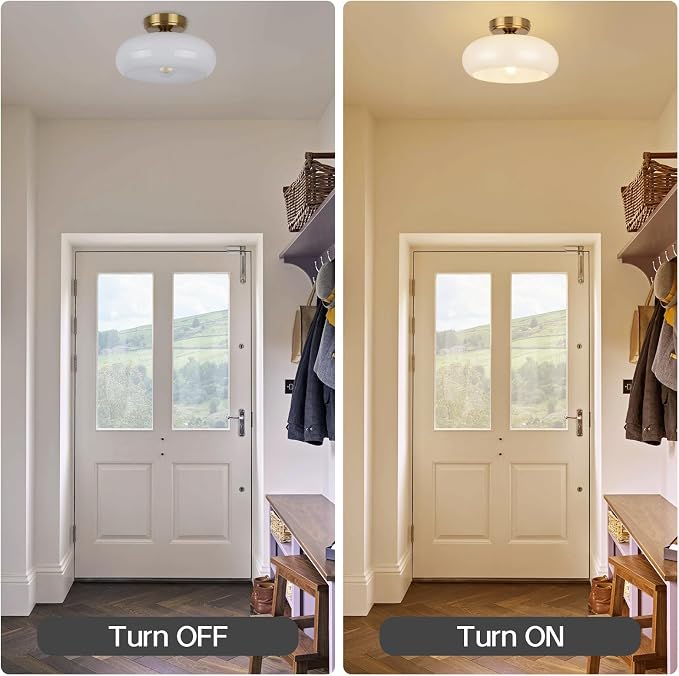 Semi Flush Mount Ceiling Light Fixture, 11'' Vintage Mid-Century Gold with White Milk Glass Shade, Modern Farmhouse Lighting for Kitchen, Hallway, Bedroom, Foyer, Laundry Room, Schoolhouse