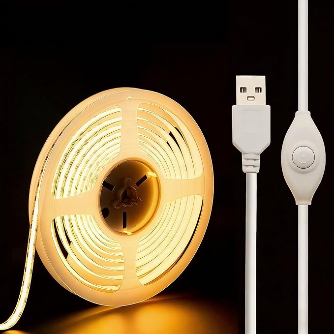 5V USB LED Strip Lights, 6.56FT COB Light Strip Warm, Short LED Strip Light, Flexible Bright 5V Led Strip for Under Cabinet, Kitchen, TV Backlight, Shelves, Displays and TV Lights