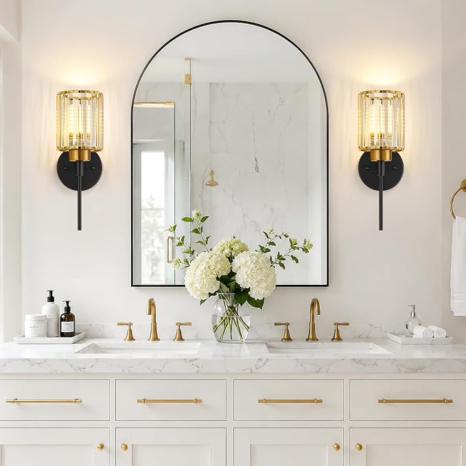 Bathroom Wall Sconces Set of 2, Black & Gold Wall Lights with Clear K9 Crystal Shades, Bathroom Light Fixtures for Bedroom, Living Room, Hallway