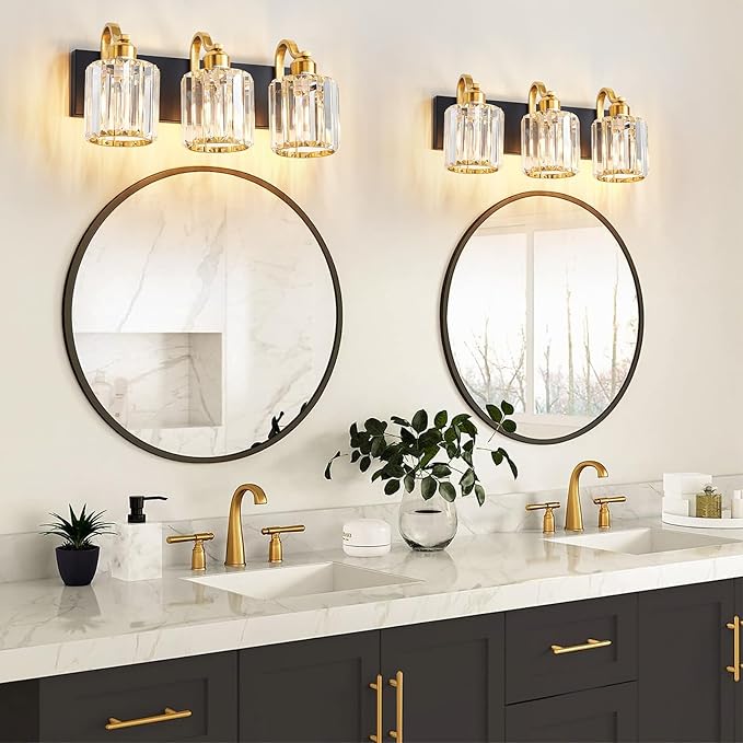 Modern Crystal Bathroom Vanity Lights, Black and Gold 3-Lights Bathroom Light Fixtures Over Mirror, Crystal Wall Lighting for for Mirror Bedroom Living Room (Exclude Bulb)