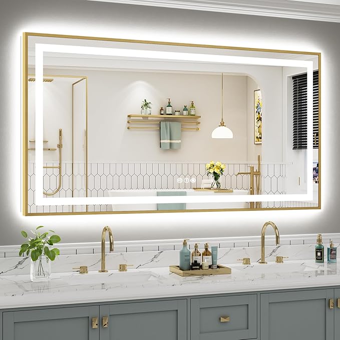 66x36 Inch LED Bathroom Mirror with Gold Frame, Backlit & Front Lit | Anti-fog, 3 Color Dimmable, Memory Function, HD Reflection Tempered Glass, ETL Listed, IP54 Waterproof