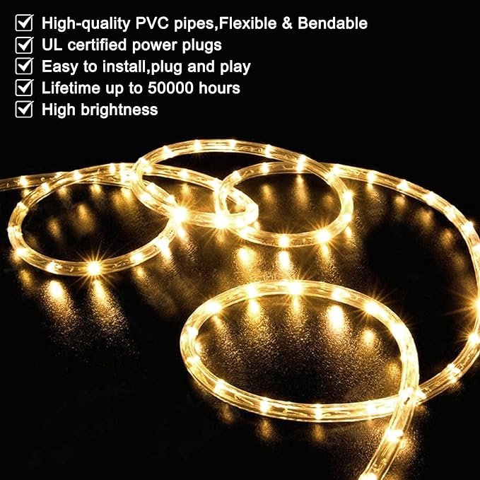 LED Rope Lights Outdoor Warm White, Waterproof 33FT Cuttable 3000K Soft Lighting Indoor 110V Flexible Clear Tube for Bedroom Outside Garden Deck Patio Camping Decor, Not Flat Strip
