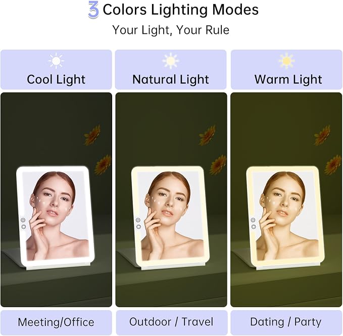 FUNTOUCH 2500mAh Rechargeable Large Travel Makeup Mirror with Lights | 10x7.5 Portable Lighted Makeup Mirror with 3 Color Lights, Dimming Folding Light Up Travel Mirrors with 10X Magnifying Mirror