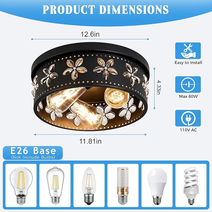 12.6 Inch Black Flush Mount Ceiling Light Fixture, 2 Pack | 3-Light, Flower, Farmhouse, Kitchen, Dining Room, Bedroom, Living Room, Foyer, Entryway