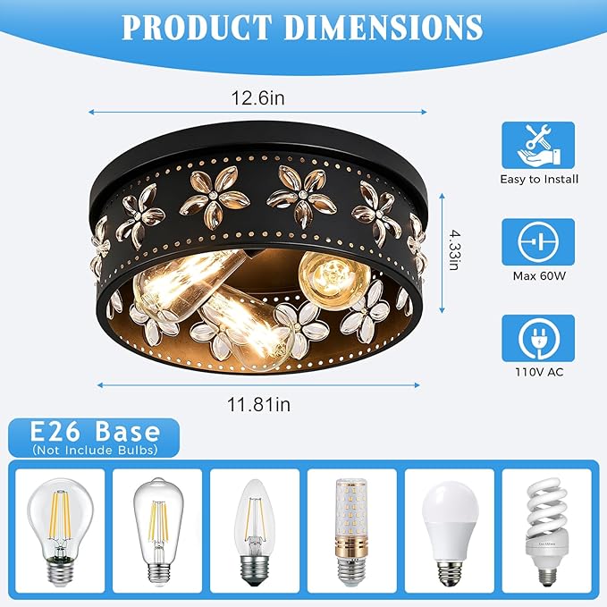 12.6 Inch Black Flush Mount Ceiling Light Fixture | 3-Light, Flower, Farmhouse, Kitchen, Dining Room, Bedroom, Living Room, Foyer, Entryway