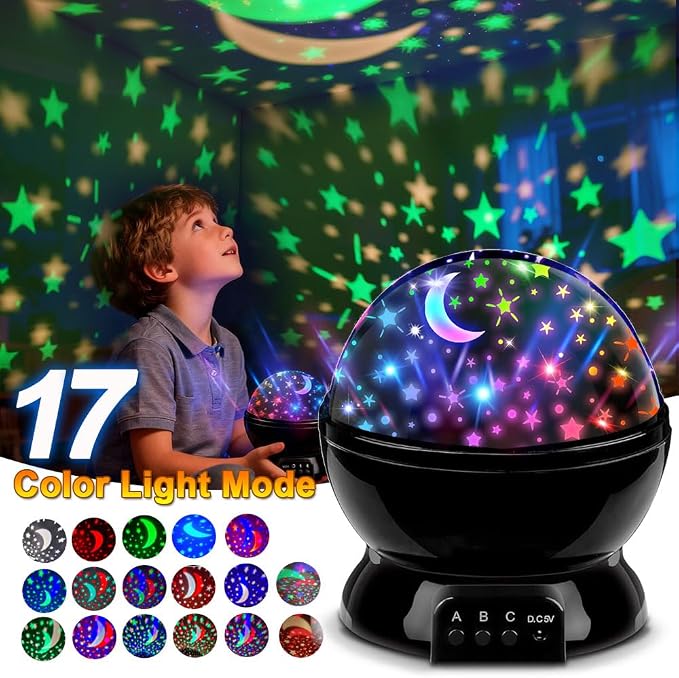 Night Light for Kids, Room Decor for Boys, LED Projector, Rotation Night Light Projector, USB or Battery Operated Star and Moon Lights, Change Color Star Lights (Black)