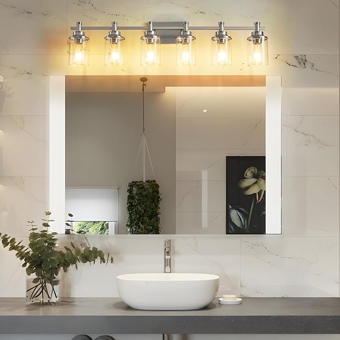 6-Light Bathroom Vanity Light, Brushed Nickel Fixtures Over Mirror, Wall Mount with Clear Glass Shade, Modern Wall Sconce