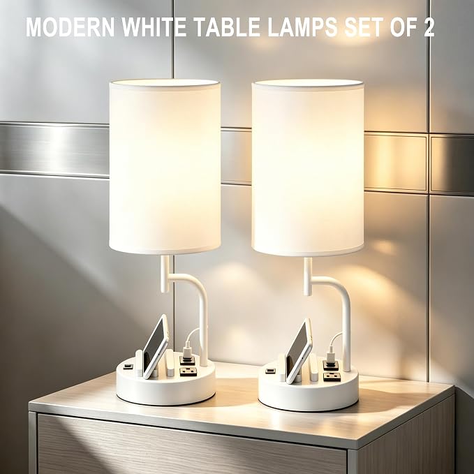 Dreamholder 2 Pack Table Lamp, Bedside Lamp with 3 USB Charging Ports & AC Outlet, USB Desk Lamp with 2 Phone Holders, Linen Fabric Shade Nightstand Lamps for Bedroom Living Room Office, White