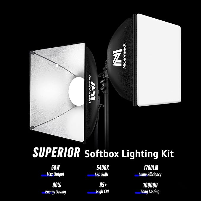 Softbox Lighting Kit, NiceVeedi 2-Pack 16'' x 16'' Softbox Photography Lighting Kit with 63” Tripod Stand & 5400K 450W Equivalent LED Bulb, Continuous Lighting for Photography/Video Record