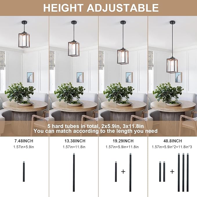 Farmhouse Pendant Light in Wood and Metal Cage, Rustic Pendant Light with Glass, Adjustable Hanging Light Fixtures, Mini Pendant Lighting for Kitchen Island, Hallway, Foyer (Square Brown-2 Pack)