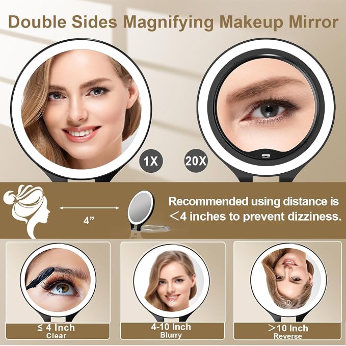 Mocado 1X/20X Magnifying Mirror with Light, Travel Makeup Mirror with Light | Double Sides Travel Mirror with 3 Color Light, Dimmable Touch, 1500mAh Rechargeable, Brightness Adjustable(Black)