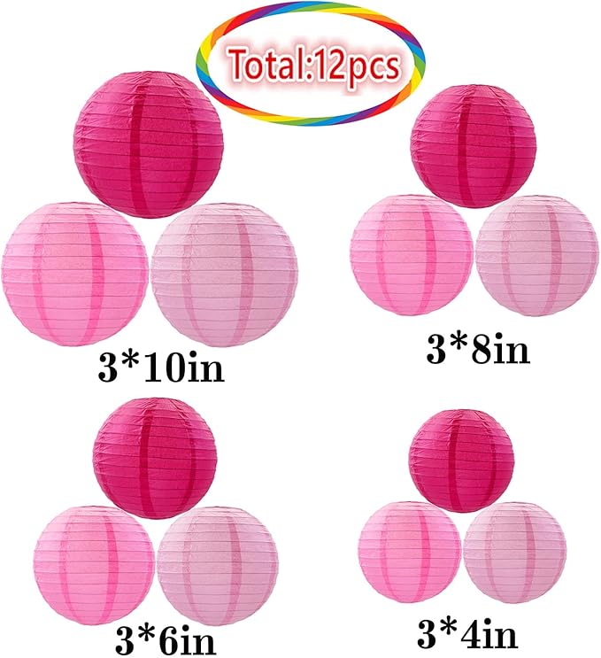 Hot Pink Paper Lanterns 12Pcs Hanging Round Paper Lanterns Decorative for Graduation Baby Shower Wedding Birthday Family Parties ﻿