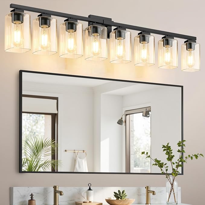51” Bathroom Light Fixtures Over Mirror,8-Light Black Vanity Light | Large Size, Square Clear Glass & Durable Metal, Quick & Easy Installation, Standard E26 Socket, Bright Bathroom Lighting