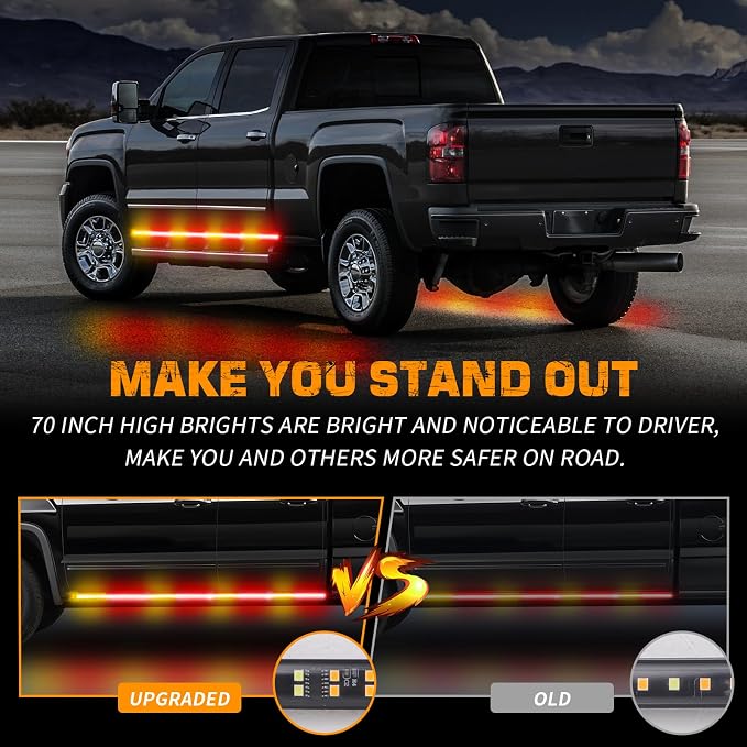 70 inch Running Board Strobe Lights Amber Red Emergency Lights | 2PCS 864 LED Exterior Flashing Warning Hazard Caution Safety Light Strip for Tow Plow Trucks Construction Vehicles Pickup