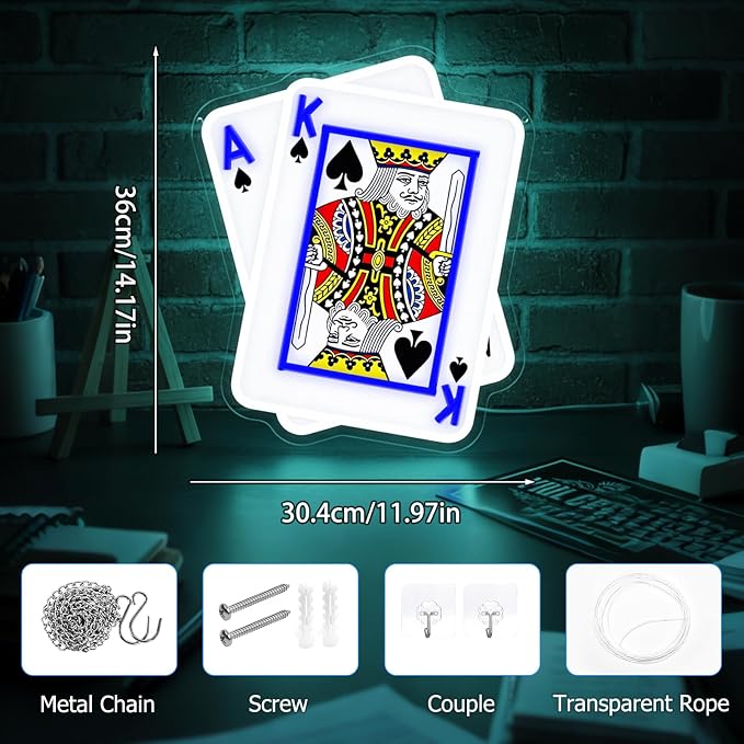 Poker Neon Sign, UV Printed Playing Cards LED Light for Man Cave Decor | USB-Powered Dimmable “A,K” Spade Cards Light Sign for Poker Rooms, Game Rooms, Man Caves, and Poker Nights