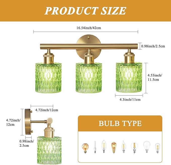 Bathroom Vanity Light, Gold Wall Fixture Over Mirror, Green Glass Shade Lighting with Bulbs Included for Bedroom & Living Room,3-Lights