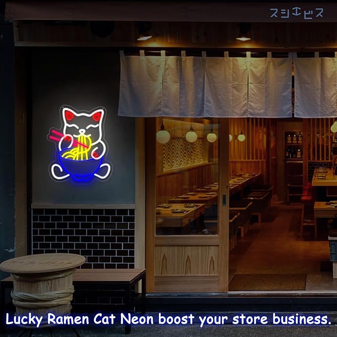 Fortune Cat Ramen Neon Sign Japanese Lucky Cat Noodle Neon LED Light Signs | Dimmable Anime Ramen Cat Neon Lights up Sign for Living Room Wall Decor Home Bar Kitchen Ramen Restaurant Dining