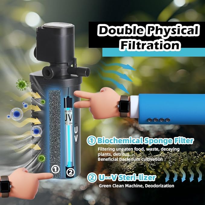 COOSPIDER Aquarium Filter with 5W U-V Light 200GPH for 30-100 Gallon Tank | Submersible Fish Tank Filter with 16W Powerful Pump for Green Clean, Turtle Tank, Oxygen Supply, Deodorization, Water Cycle