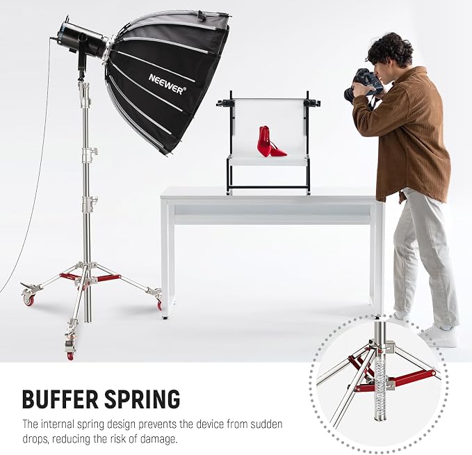 NEEWER Heavy Duty Stainless Steel Light Stand with Casters, 1-1/8" Junior Receiver, Spring Loaded 5/8" Baby Stud, Max Load 77lb, 7.9ft/240cm Junior Wheeled Stand for Studio Softbox Reflector, ST240SS