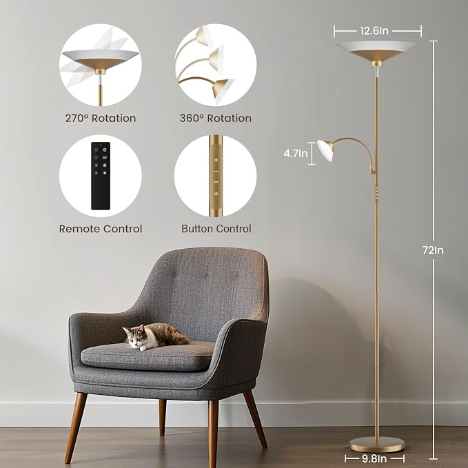 Gold Torchiere Floor Lamp - 2 Way LED Standing Lamp with Reading Light, Dimmable 72'' Tall Lamp with Remote Color Changing, 34W Mordern Uplighter for Living Room Bedroom Office