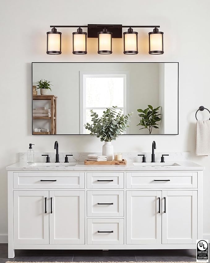 5-Light Oil Rubbed Bronze Bathroom Light Fixtures Over Mirror with Frosted Milk Glass and Metal Cage Shade, 38" UL-Listed Modern Farmhouse Wall Sconce for Bath, Hardwire E26, OS-3014ORBW-5W