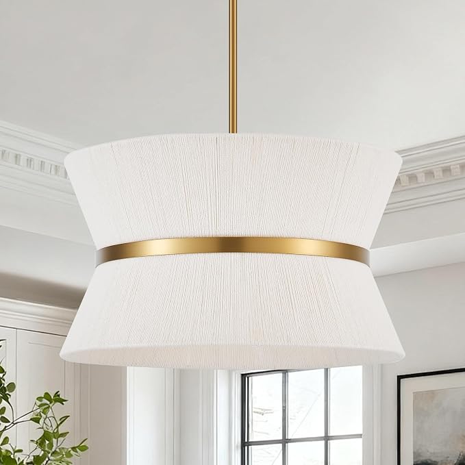 18" Hand Woven Boho Chandelier White and Brass Coastal Pendant Light for Living Dining Room Kitchen Island Cottage, UL Listed