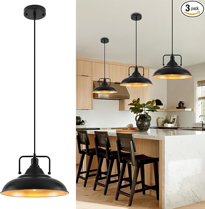 Black Pendant Light, Large Black and Gold Pendant Light 15.7" 3 Packs, Farmhouse Pendant Light, Island Pendant Lights, Kitchen Pendant Lights, Pendant Lights for Kitchen, Living Room