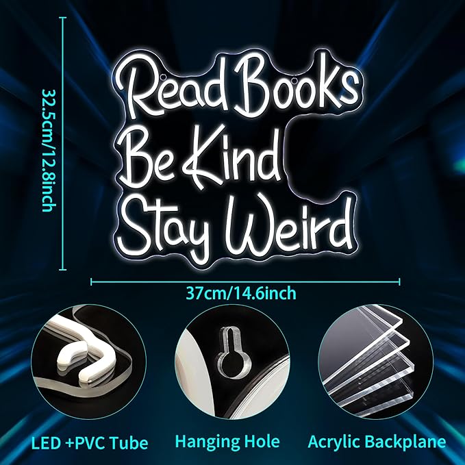 Neon Sign, JGHTURIE Read Books Neon Signs for Wall Decor White Led Lights Signs for Classroom Office Library Bookshop Study Room Decoration USB Powered