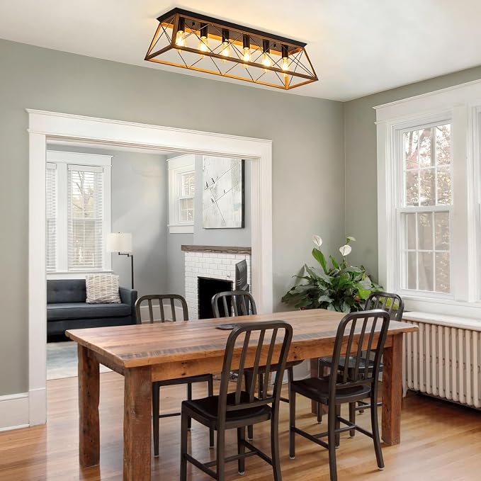 38” Farmhouse Large Flush Mount Ceiling Light Fixture with Walnut Finish | 6-Light Vintage Industrial Flush Mount Chandelier with Cage Design for Dining Room Kitchen Island Living Room Hallway