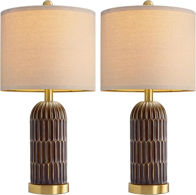22.5" Bedside Table Lamps Set of 2, Farmhouse Table Lamp with USB A+C Charging Ports, Vintage Nightstand Lamp for Bedrooms and Living Rooms, Mid Century Modern End Table Lamp, Brown and Gold