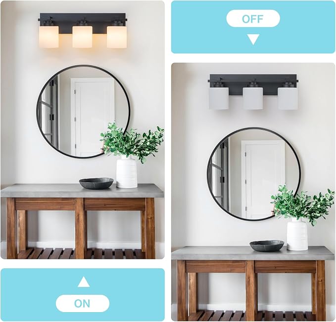 Modern Bathroom Light Fixtures Over Mirror, Vanity Lights for Bathroom Wall Sconces with Milky White Glass Shades, E26 Socket (Bulbs Not Included), 3 Light, Black