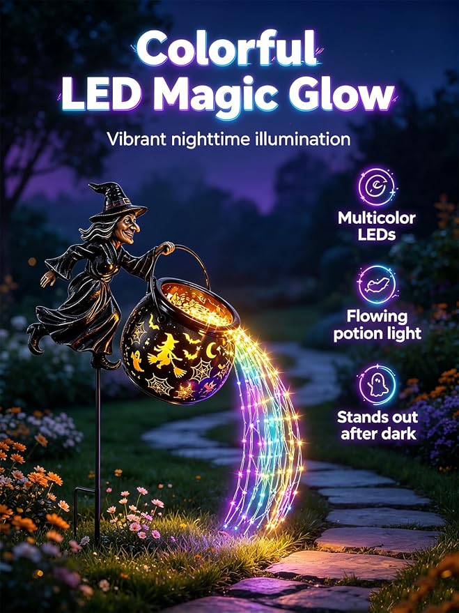 Halloween Witch Cauldron Garden Light,33.5″ Witch Stake Garden Light | Total height of 33.5 inches, Includes 1*12m, 100-light solar-powered multicolored LED light strip, Waterproof