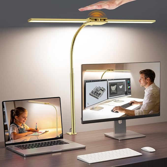 Syrinx LED Desk Lamp for Office Home, Dual Head Eye-Care Architect Lamp | Gesture/Wired Control, Flexible Neck, Bright Desk Light with Memory/Timer, 50 Lighting Modes for Study, Drafting, Gold