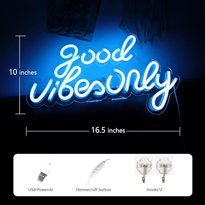 JFLLamp Good Vibes Only Neon Signs for Wall Decor Neon Lights Led Signs Suitable for Living Beer Bar Game Room Hotel Birthday Party Restaurant Christmas Unique Gift for Lover, 16.5 * 10 Inch(Azure)