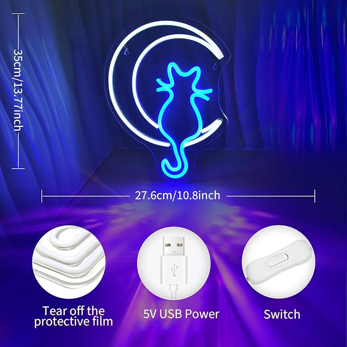 JEDAEMEN Moon Cat Neon Signs for Wall Decor White Blue LED Sign Neon Lights | Moon Cat Led Light Sign Preppy Room Decor Light Up Sign for Birthday Party Decoration USB Powered