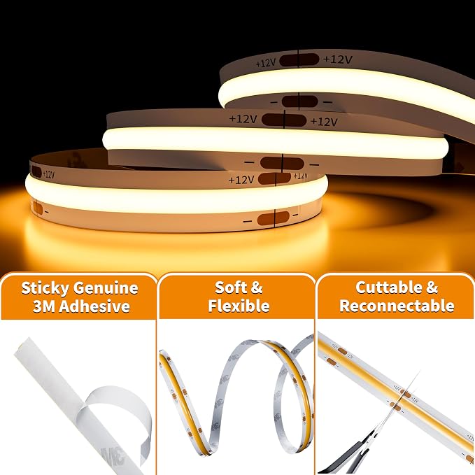 PAUTIX COB LED Strip Light 2700K DC12V,18ft/5.5m Warm White LED Tape Lights for Kitchen Home DIY Lighting Projects with 1pcs Connector Extension Wire(Power Supply Not Included)