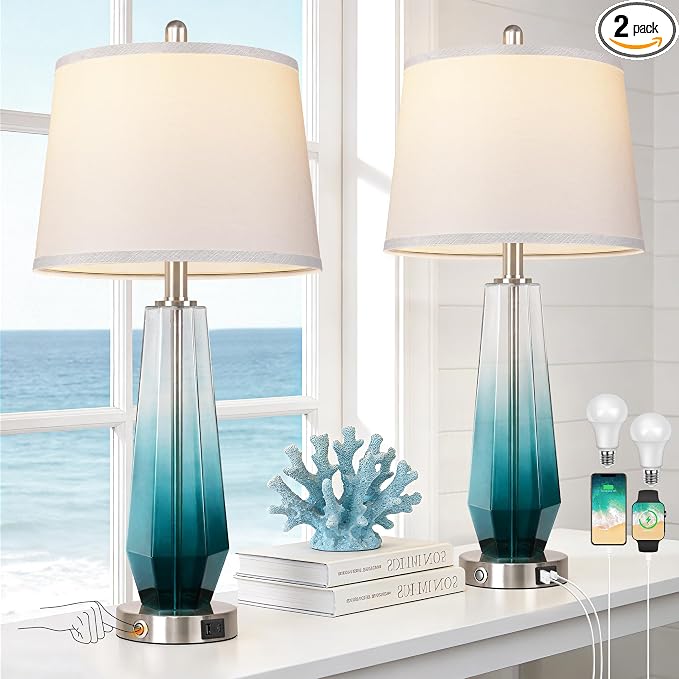 QiMH Glass Table lamps for living room, Modern Bedside Lamps for Bedrooms,27.5" Tall Nightstand Lamps Set of 2 with 3-Way Dimmable Touch Control, White Linen Shade,USB A/C Charging Ports,Gradient Teal