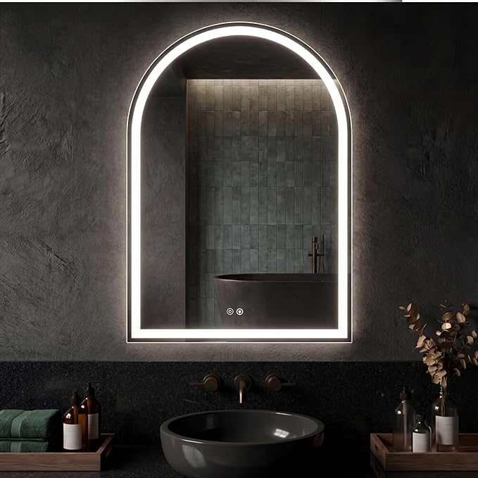 NEWBULIG 28X36 Inch Arched LED Bathroom Wall Mirror with Lights, Light up Vanity Bathroom Mirror for Over Sink, Anti-Fog and Dimmable, Front Light and Backlit, Memory Function, Shatter-Proof, White