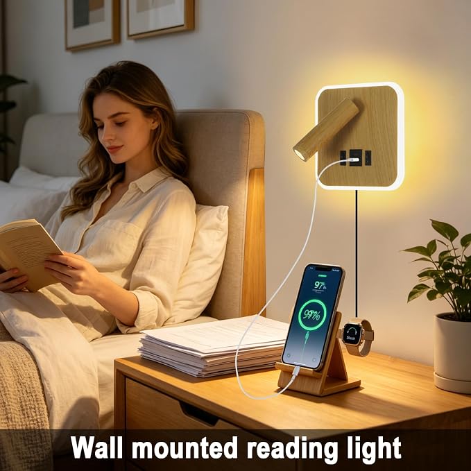 Wall Mounted Reading Lights with Plug in Wall Sconce&Hardwired | Wall Lamp for Bedroom With USB C+A Ports, Bedside Reading Lamp with 9W Night Light, Wood Color Reading Light Adjustable Angle