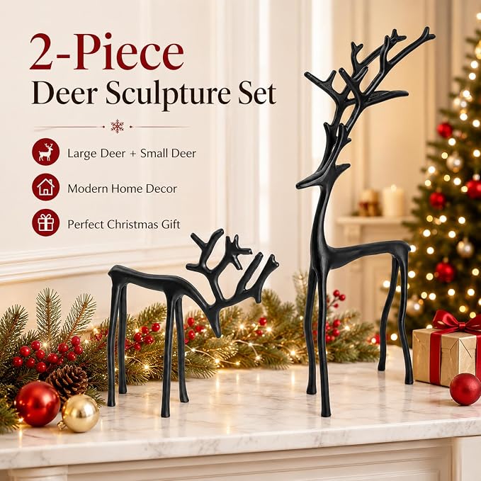 2 Pcs Christmas Reindeer Figurines Decor Xmas Tabletop Ornaments Black Deer Statue Ornament Imitation Metal Christmas Reindeer Statues for Living Room Patio Home Office Garden Backyard Decoration