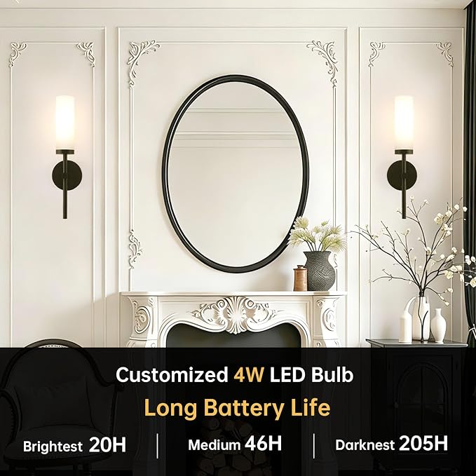 Shenmoyl Battery Operated Wall Sconces Set of 2, Black Rechargeable Wall Lighting Fixtures, Dimmable Wall Lights with Remote & Opal Glass Shade for Living Room, Bathroom,Bedroom