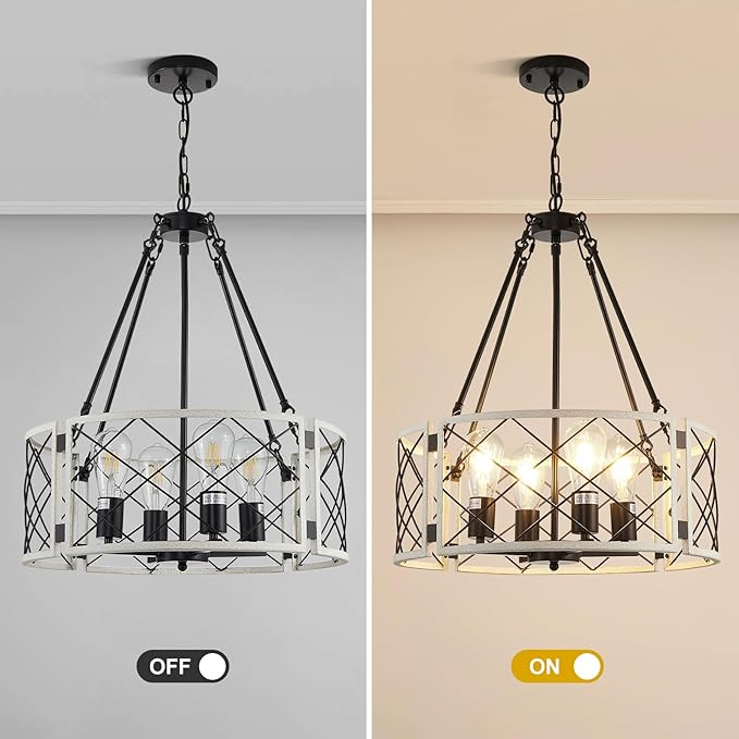 20'' Farmhouse Chandelier, 4-Light Black & Vintage White Dining Room Light Fixture Over Table, Rustic Industrial Drum Hanging Pendant Lights for Kitchen Island Living Room Bedroom Hallway Entryway