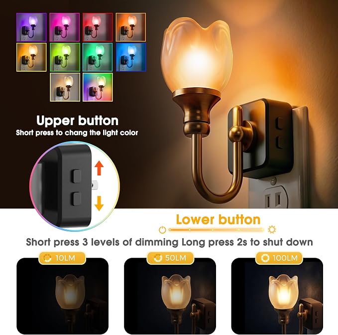 L LOHAS LED Night Lights Plug into Wall | RGB Floral Night Lights with Dusk to Dawn Sensor, 0-100lm Adjustable Brightness, for Hallway Bedroom Stairway