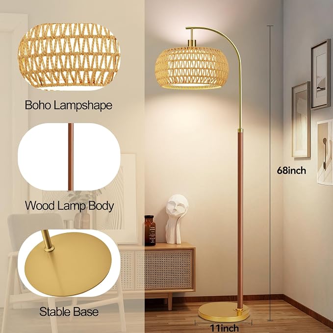 Wood Arc Floor Lamps for Living Room,Boho Rattan Floor Lamp with Remote Control & 3 Color Temperatures,Dimmable Mid Century Modern Standing Lamp Farmhouse Vintage Tall Floor Lamp For Bedroom Corner