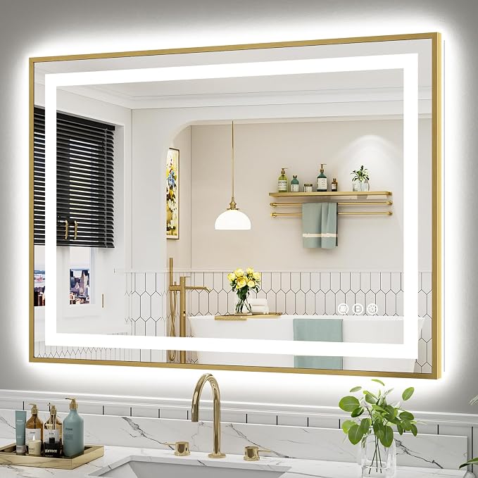 48x36 Inch LED Bathroom Mirror with Gold Frame, Backlit & Front Lit | Anti-fog, 3 Color Dimmable, Memory Function, HD Reflection Tempered Glass, ETL Listed, IP54 Waterproof