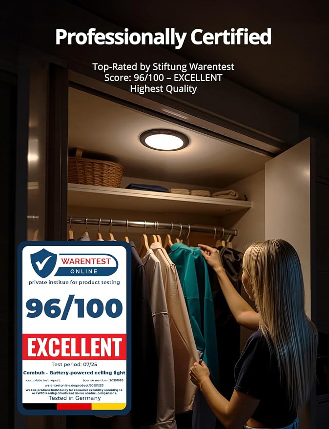 2 Pack Black Operated Battery Powered Motion Sensor Ceiling Lights Wireless, Rechargeable 60 Day Battery Life Waterproof Inside Shower Lighting with Remote Magnetic No Wiring for Garage Closet