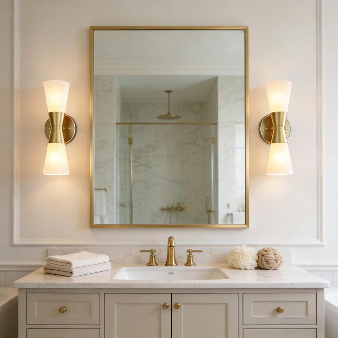 Bathroom Wall Sconce, Modern Indoor Vanity Light Fixtures, Up Down Lighting, Wall Mount Lamp for Living Room Bedroom Hallway Stairway Fireplace Mirror E26 Base (White & Gold - 1pack, 13inch)