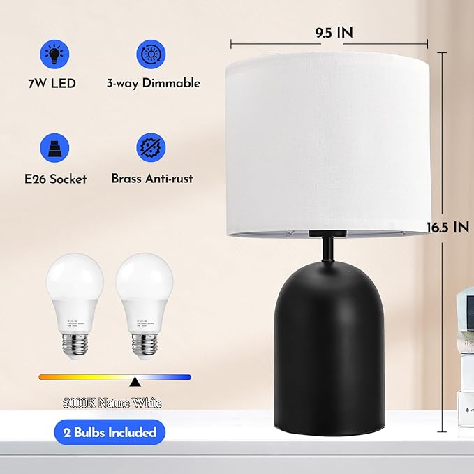 Bedroom Table Lamps Touch Control Bedside Lamps Set of 2 Dimmable Lamps for Nightstand Small Modern Table Lamp Black& White Lamps with USB Type C Ports for Living Room End Table Home Office